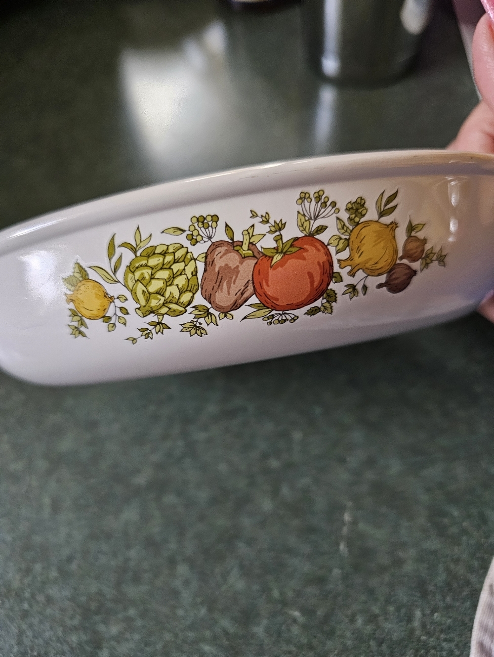 Vintage White Ceramic Baking Dish with Fruit & Veggie Motif